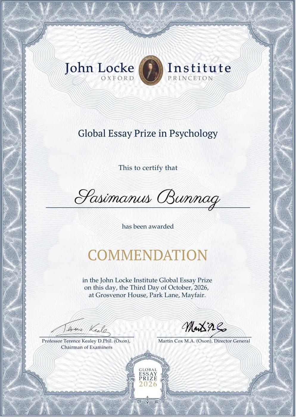John Locke Institute Global Essay Prize in Psychology — Commendation certificate for Sasimanus Bunnag