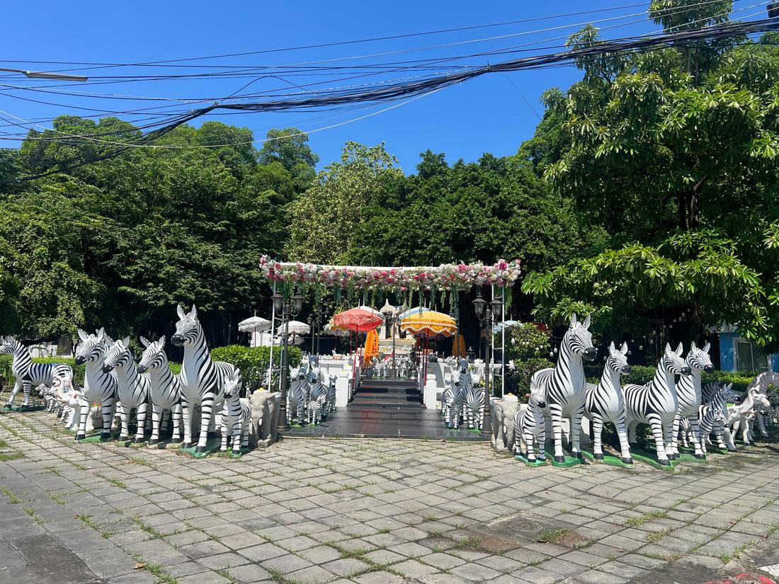 Zebra figurines lined up as offerings at a Thai shrine